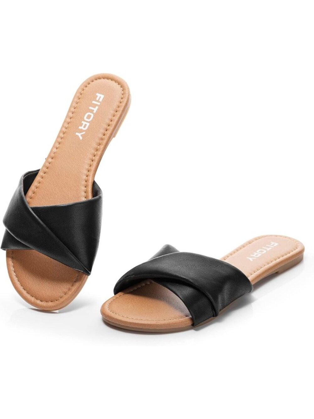 Women's Black Casual Fashion Slides with Soft Leather Slipper Summer Flat Sandal